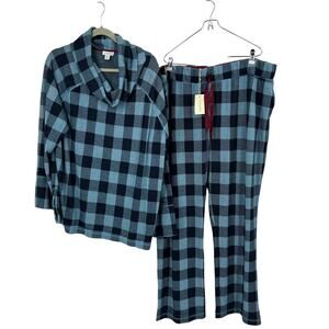 Sundance Women's XXL Pajamas Top Pant Set Microfleece Blue Plaid Cowl Neck New